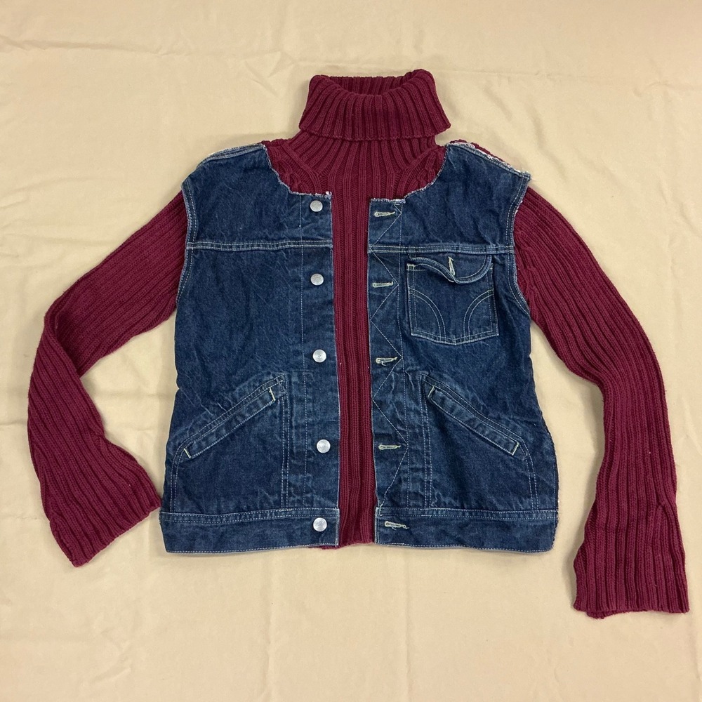 Shauree Originals Denim Mixed Media Turtleneck Sweater Vest Burgundy XL